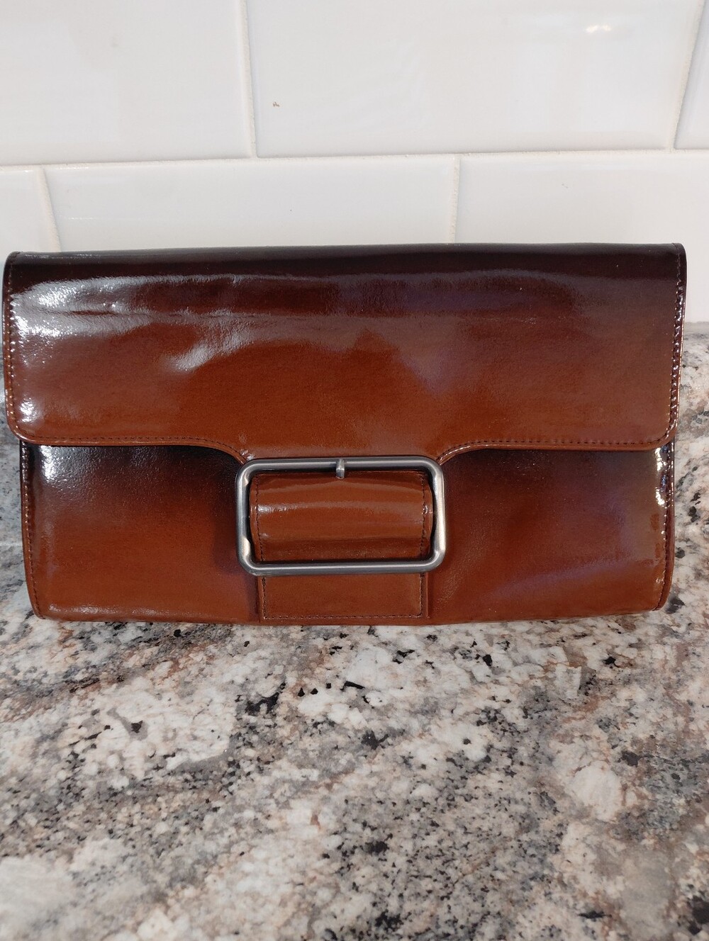 HOBO International Brown Patent Leather Buckle Clutch Purse